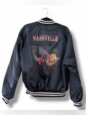Vintage Taylor Navy Satin Nashville Graphic Bomber Varsity Jacket Made in USA XL